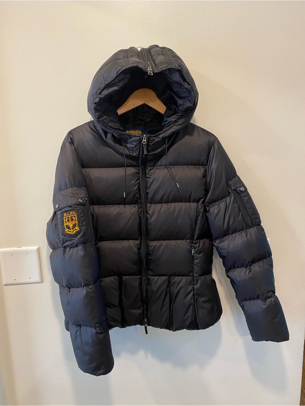 Vtg Ralph Lauren Rugby RLFC down jacket womans large split zipper hood puffer